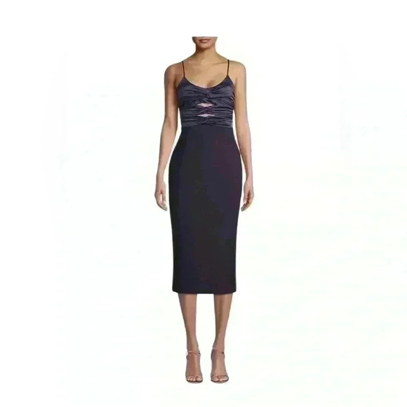 Likely Dresses & Skirts - Likely Navy Blue Steph Ruched Satin & Crepe Midi-Dress